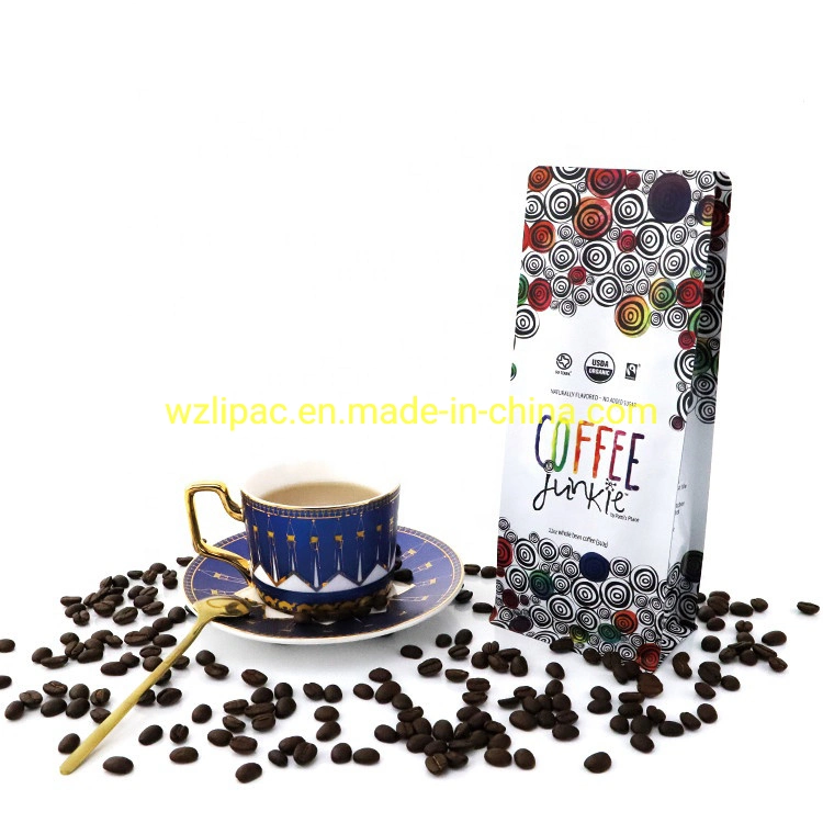 Custom Printed Heat Seal Matt White Flat Block Bottom Plastic Ziplock Valve Green Roasted Coffee Beans Bags